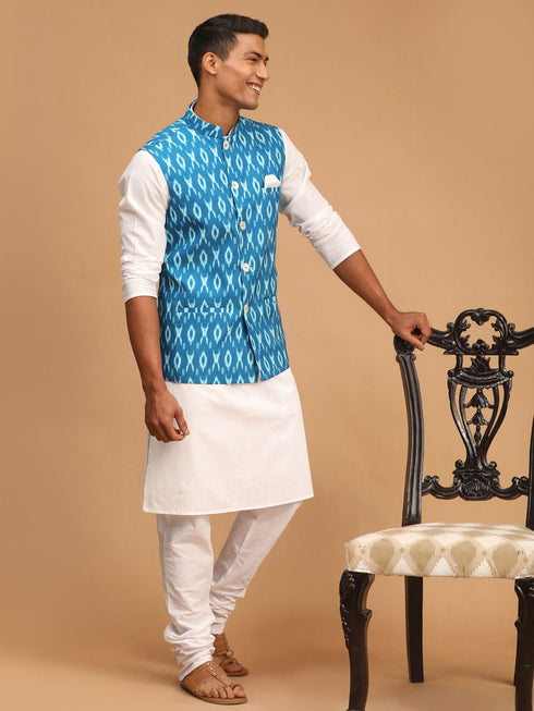 Vastramay Men's Turquoise Cotton Nehru Jacket With White Kurta And Pyjama Set